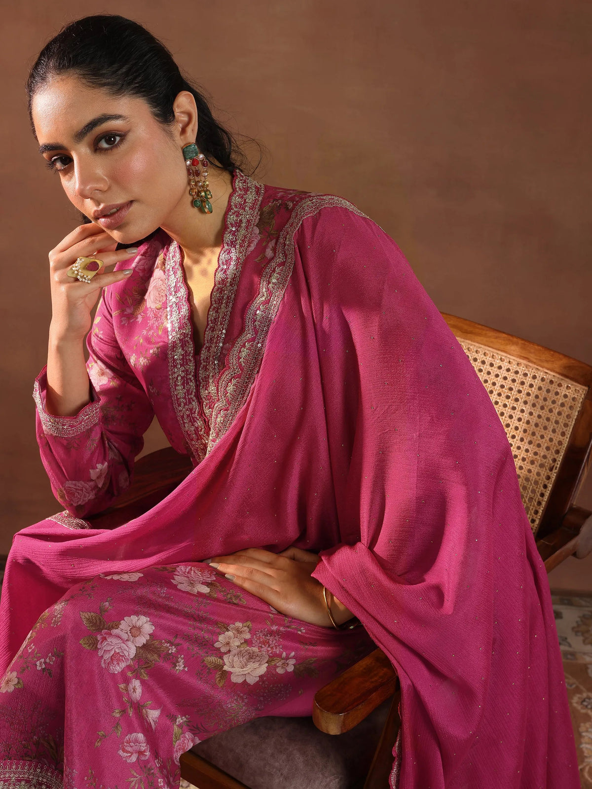 Anouk Pink Printed Silk Blend Straight Suit With Dupatta