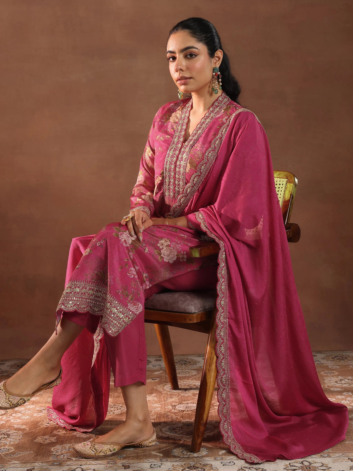 Anouk Pink Printed Silk Blend Straight Suit With Dupatta