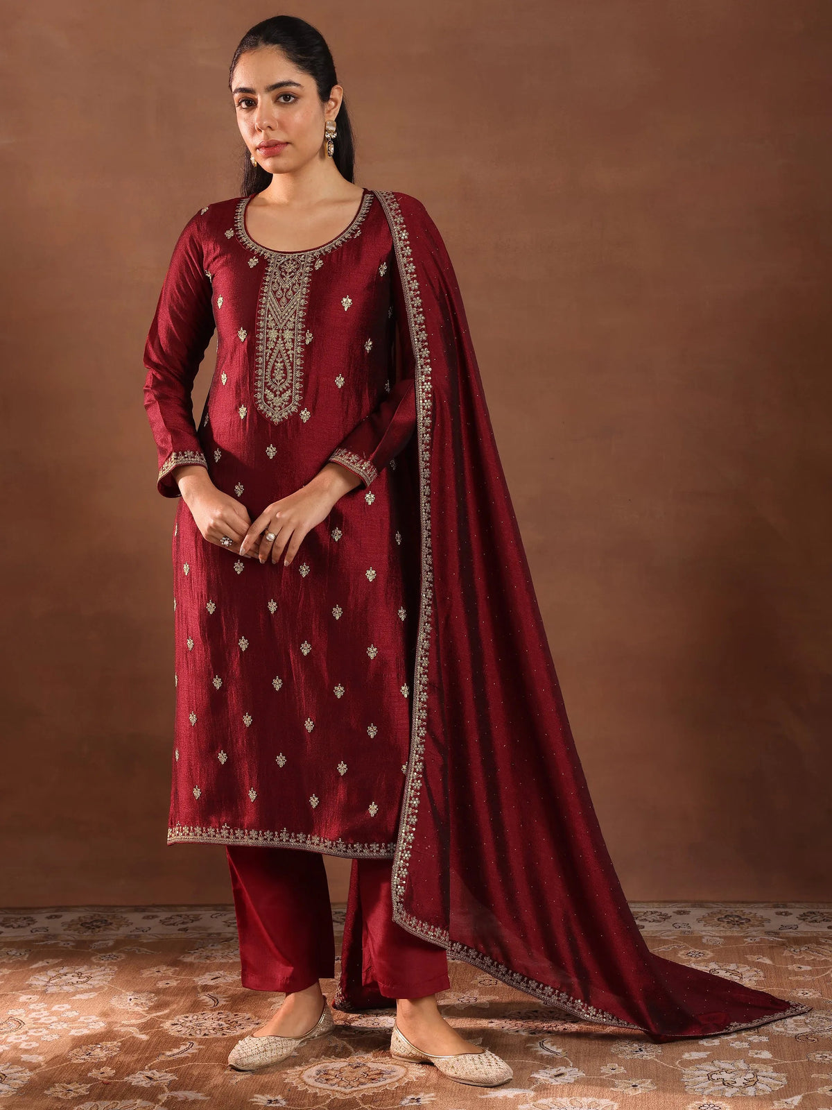 Anouk Maroon Embroidered Silk Blend Straight Suit With Dupatta