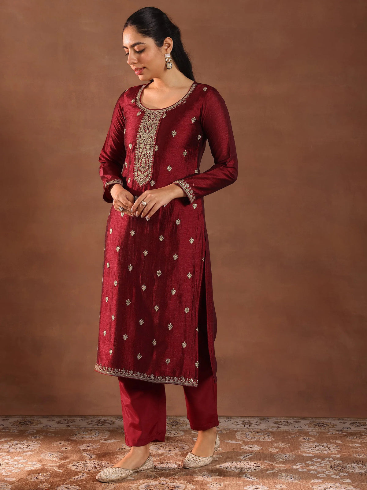 Anouk Maroon Embroidered Silk Blend Straight Suit With Dupatta