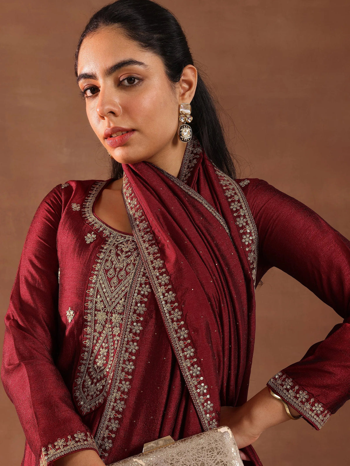 Anouk Maroon Embroidered Silk Blend Straight Suit With Dupatta