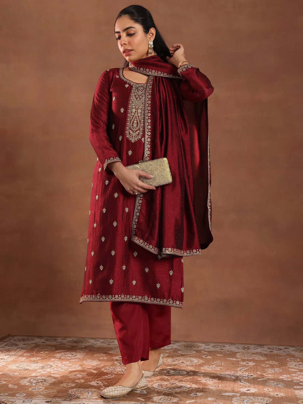 Anouk Maroon Embroidered Silk Blend Straight Suit With Dupatta