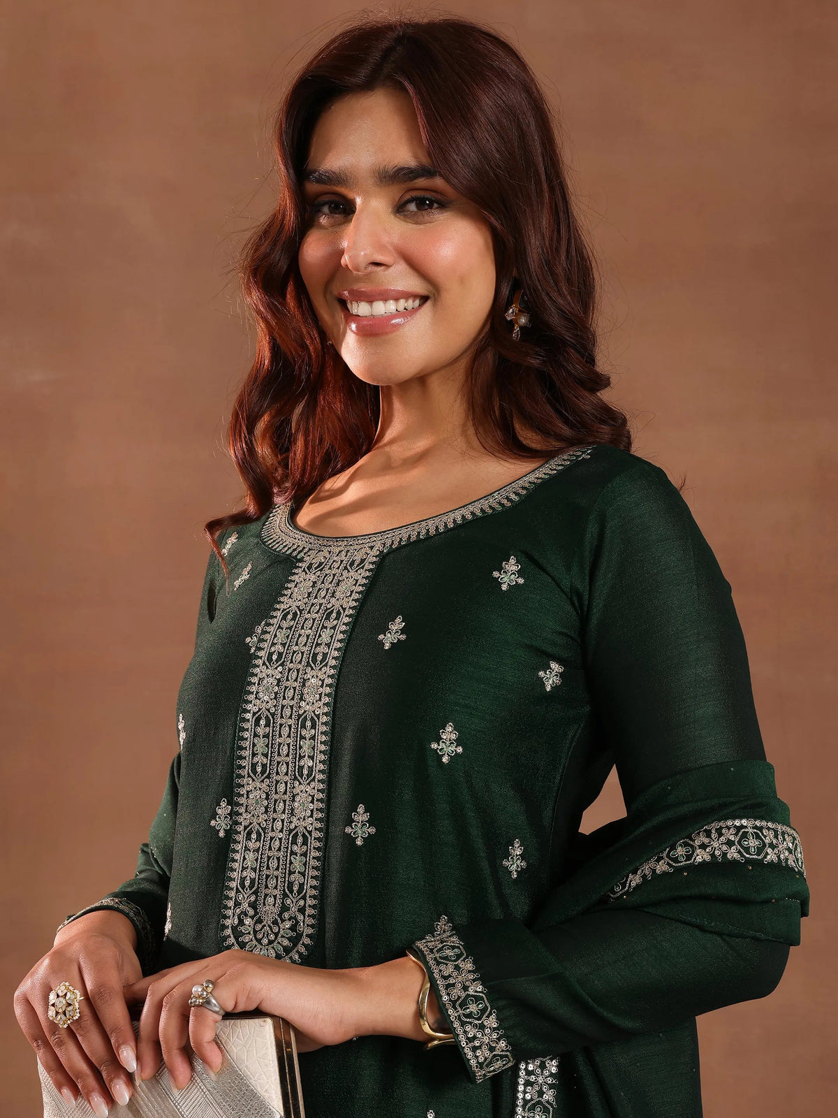Anouk Green Embroidered Silk Blend Straight Suit With Dupatta