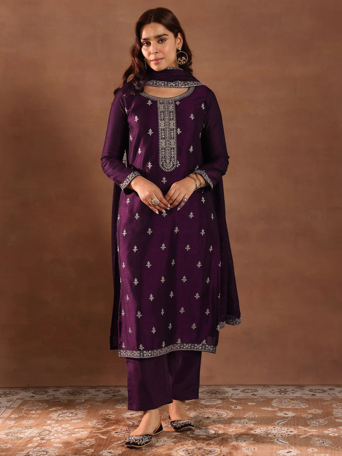 Anouk Burgundy Embroidered Silk Blend Straight Suit With Dupatta