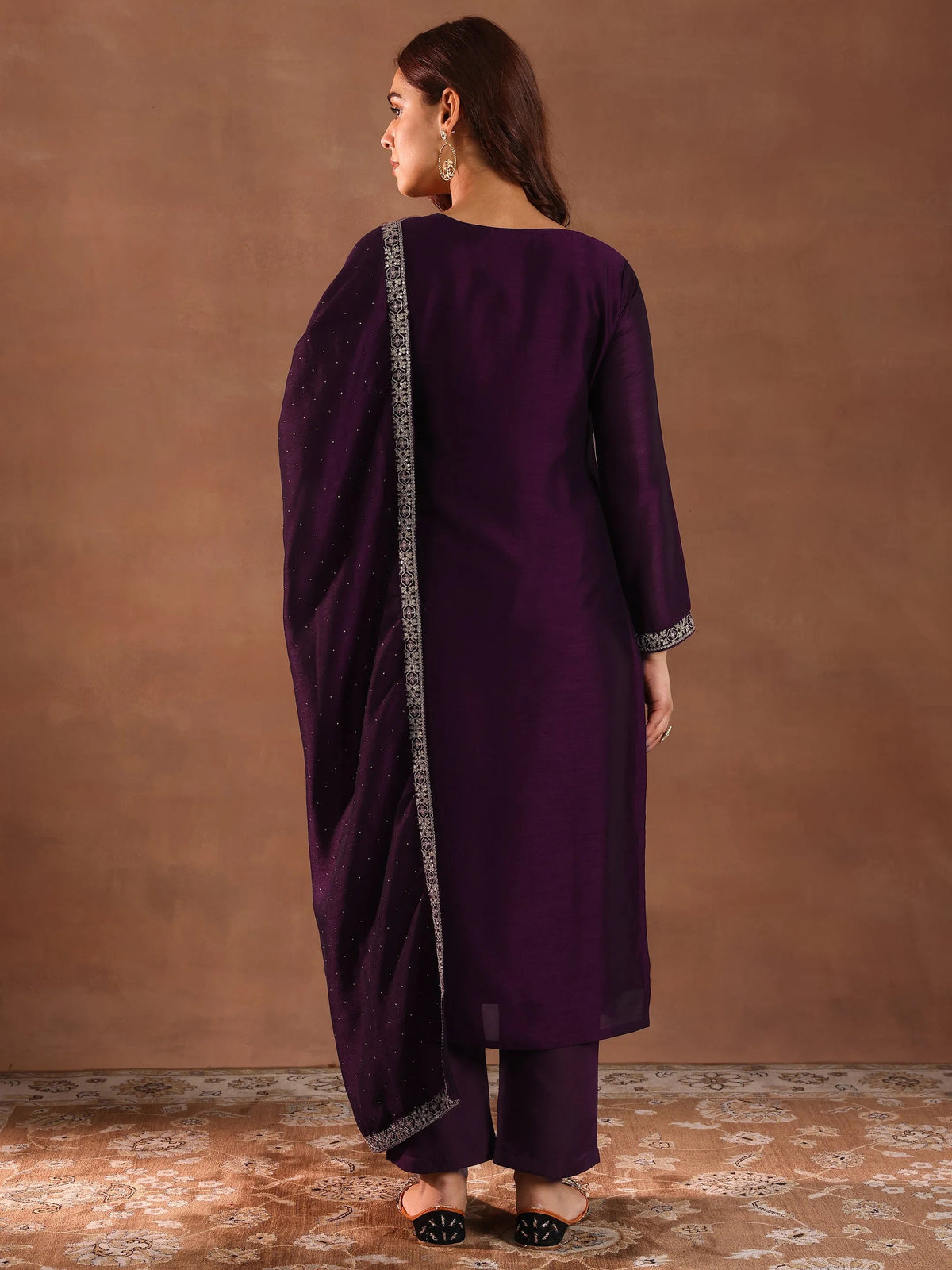 Anouk Burgundy Embroidered Silk Blend Straight Suit With Dupatta