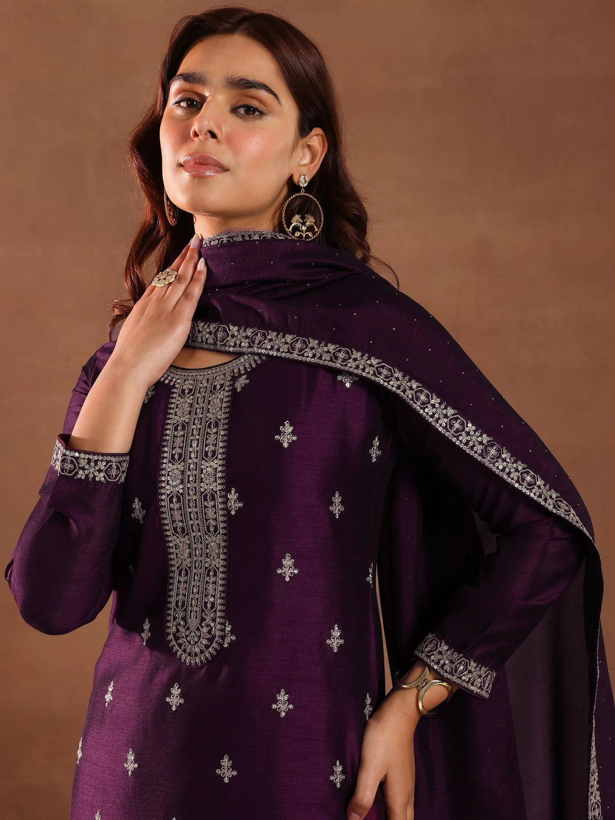 Anouk Burgundy Embroidered Silk Blend Straight Suit With Dupatta