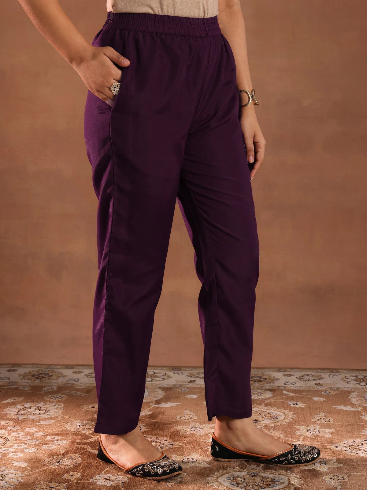 Anouk Burgundy Embroidered Silk Blend Straight Suit With Dupatta