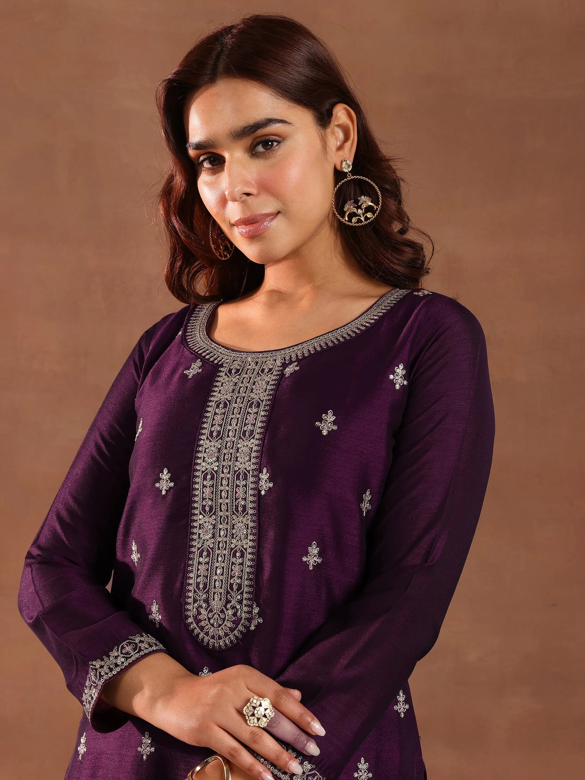 Anouk Burgundy Embroidered Silk Blend Straight Suit With Dupatta
