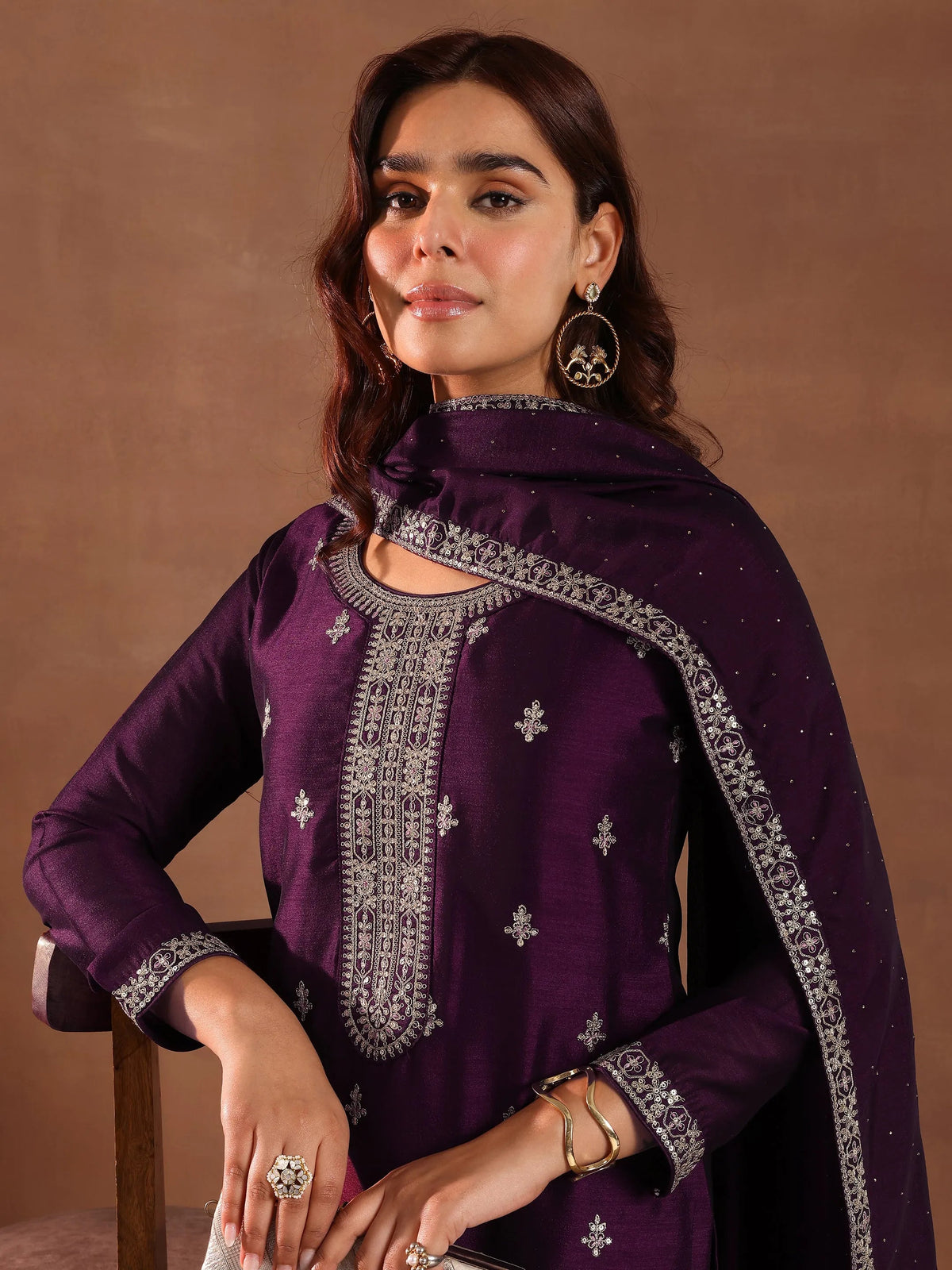 Anouk Burgundy Embroidered Silk Blend Straight Suit With Dupatta