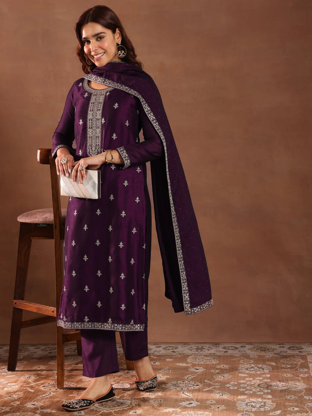 Anouk Burgundy Embroidered Silk Blend Straight Suit With Dupatta
