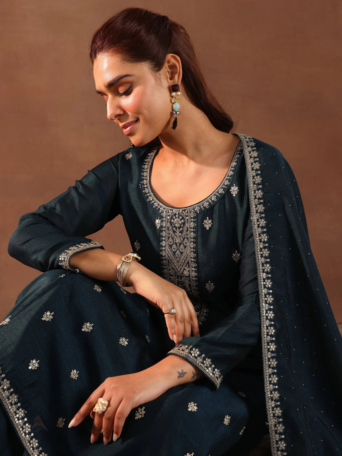 Anouk Teal Embroidered Silk Blend Straight Suit With Dupatta