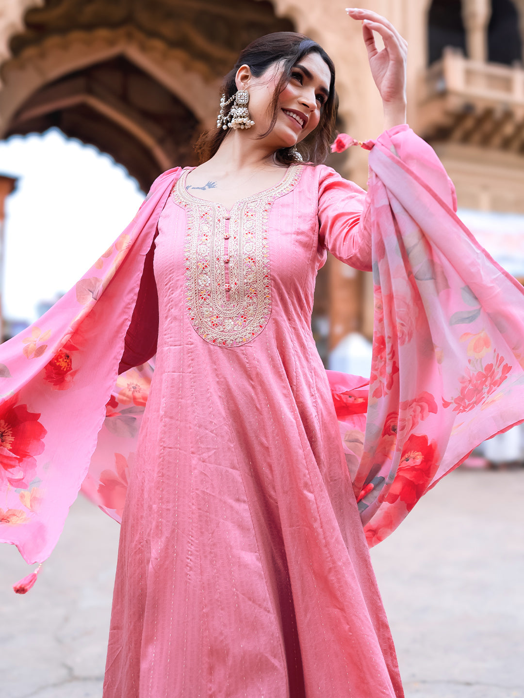 Anouk Pink Woven Design Silk Blend Anarkali Suit With Dupatta