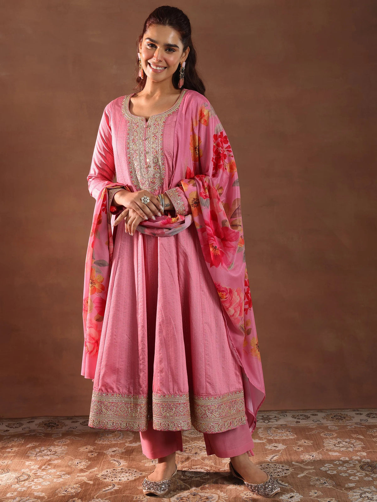 Anouk Pink Woven Design Silk Blend Anarkali Suit With Dupatta