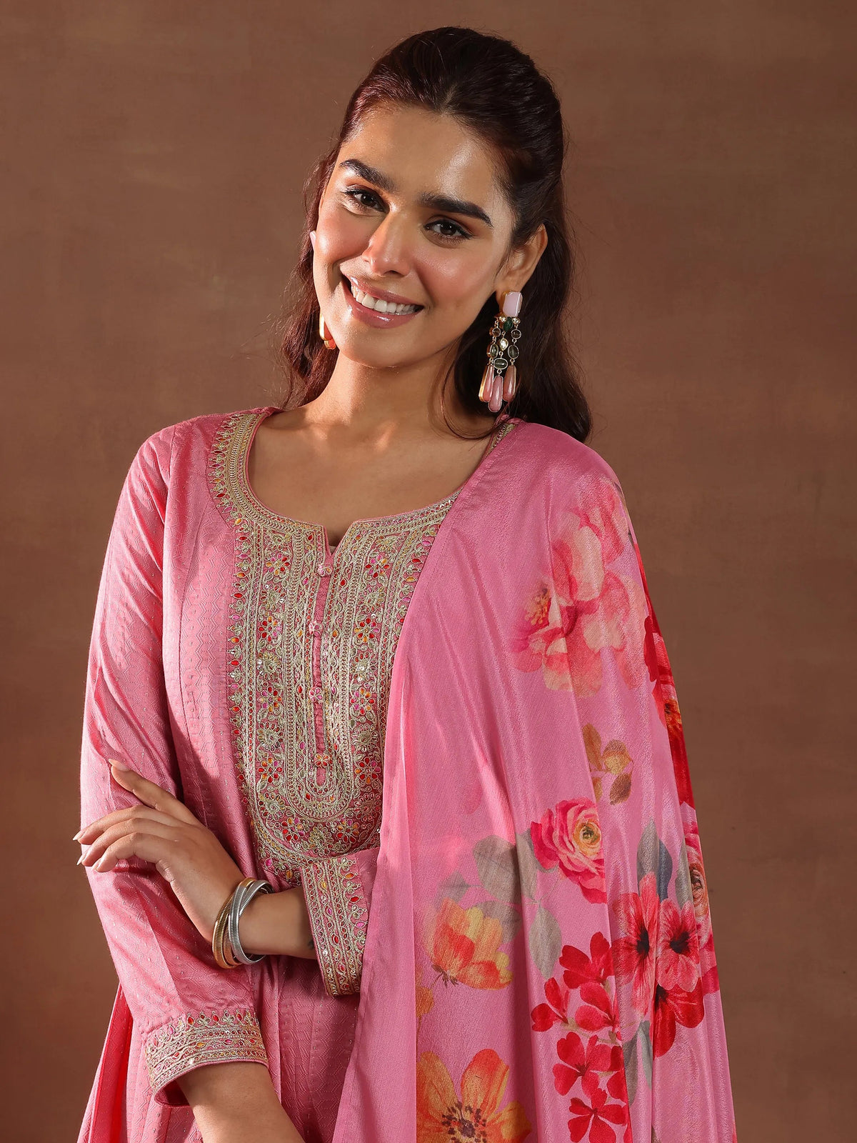 Anouk Pink Woven Design Silk Blend Anarkali Suit With Dupatta