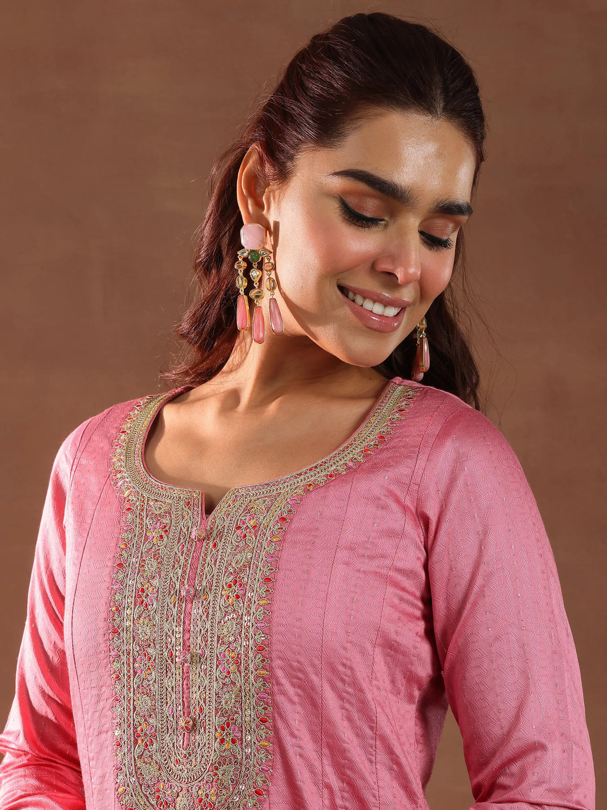Anouk Pink Woven Design Silk Blend Anarkali Suit With Dupatta