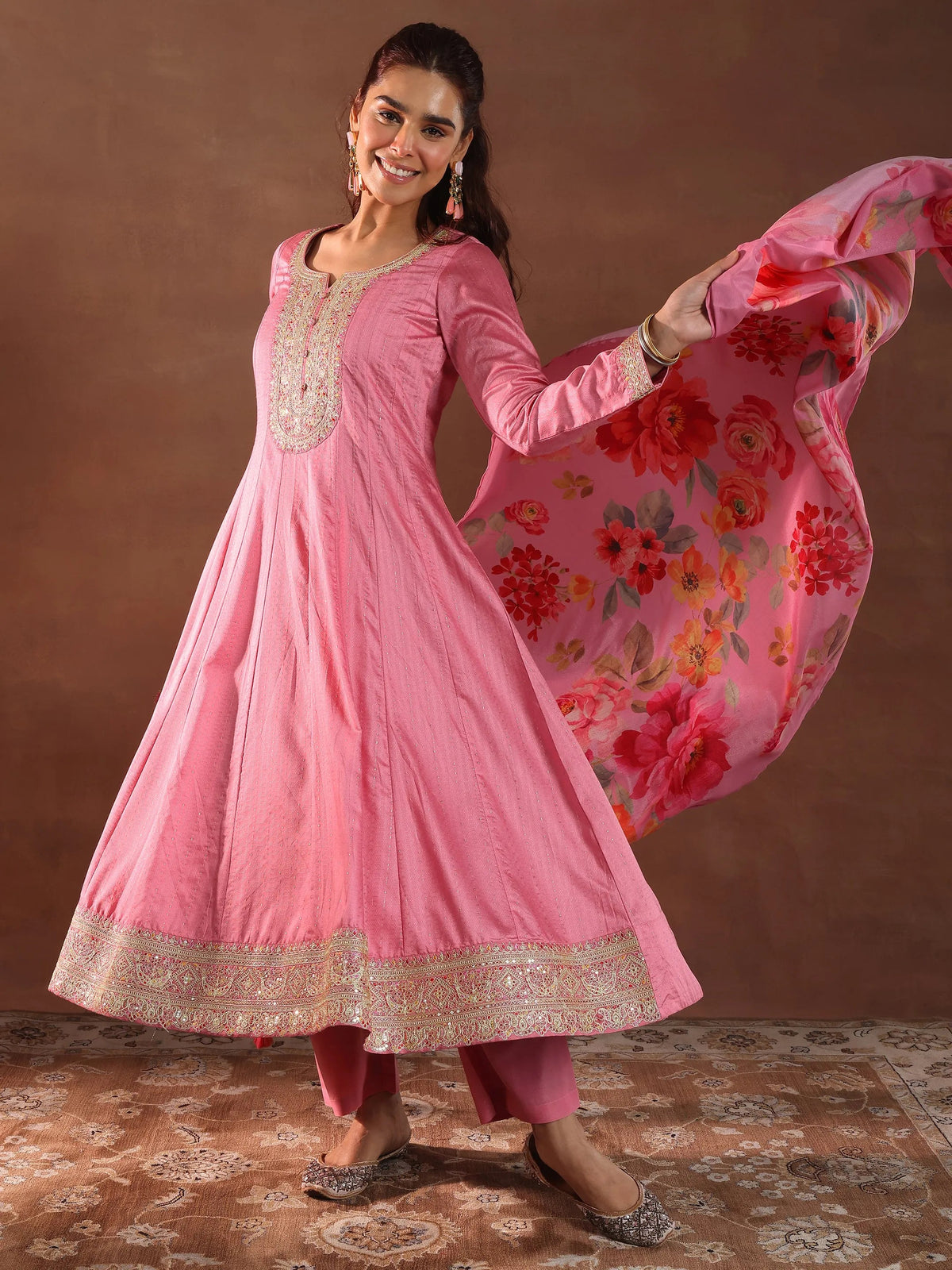 Anouk Pink Woven Design Silk Blend Anarkali Suit With Dupatta