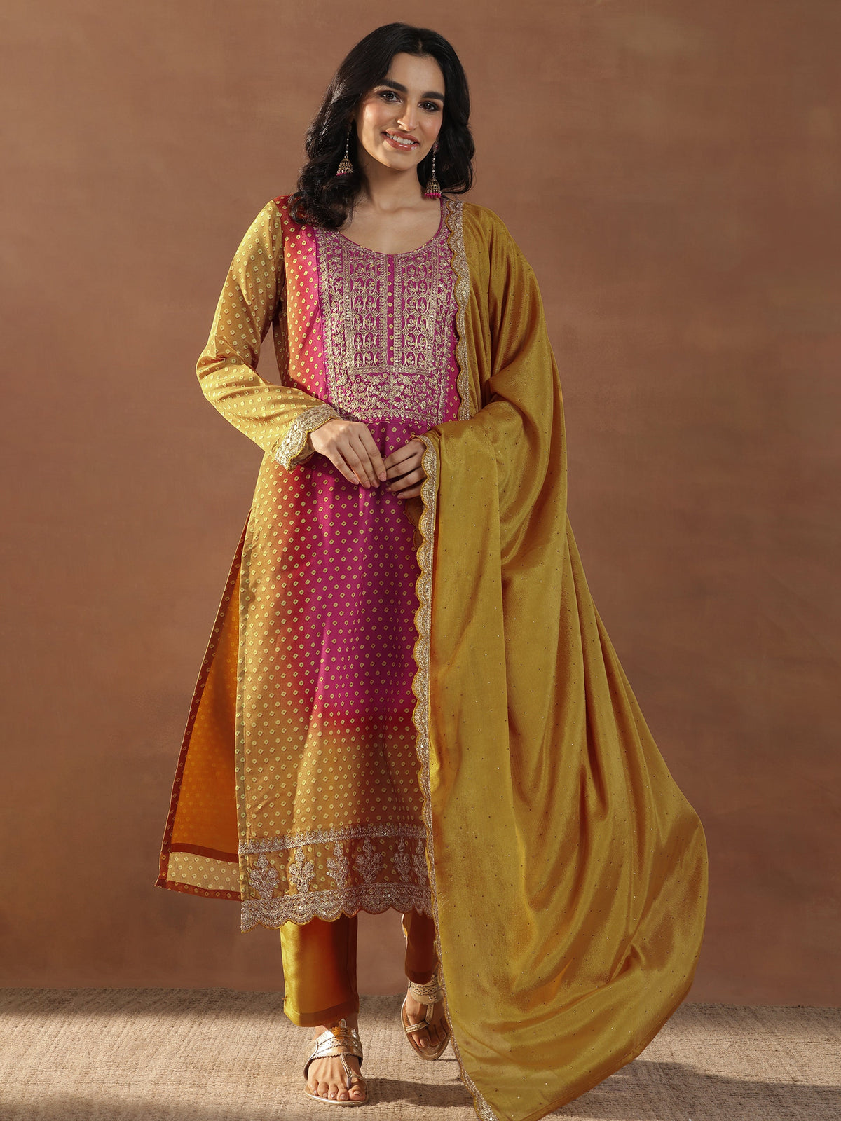 Anouk Mustard Printed Silk Blend Straight Suit Set With Dupatta