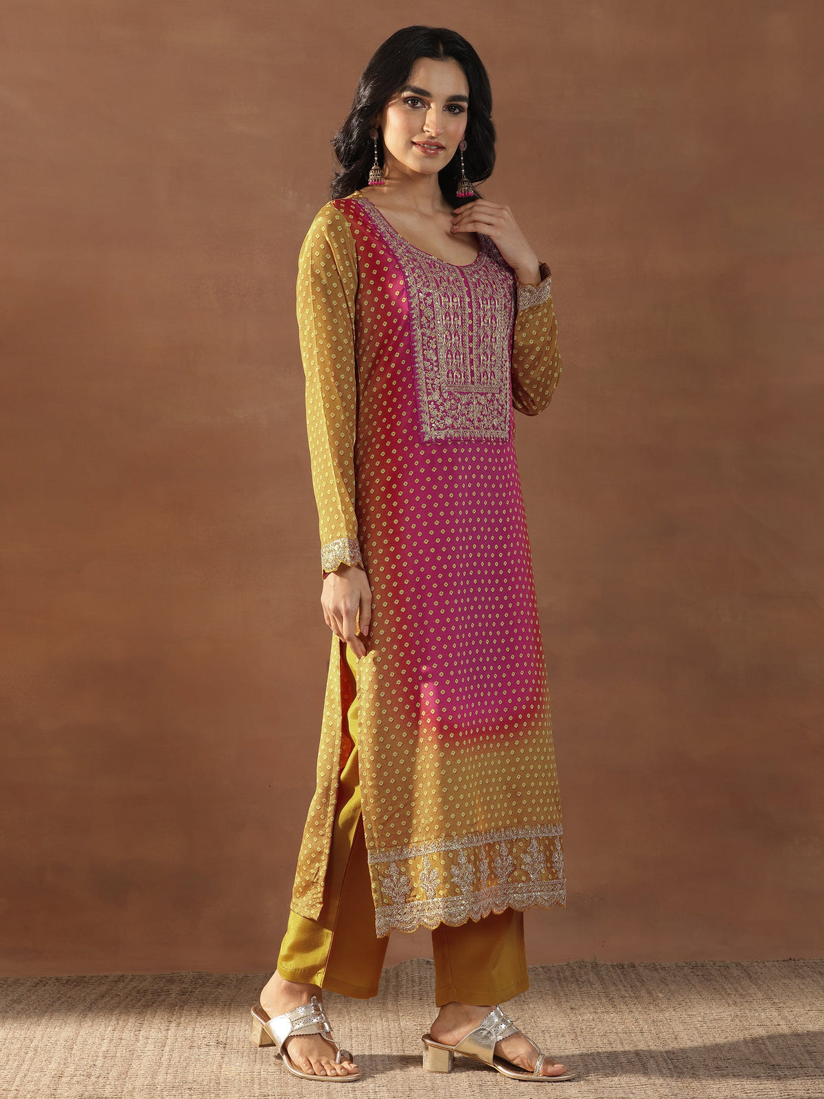 Anouk Mustard Printed Silk Blend Straight Suit Set With Dupatta