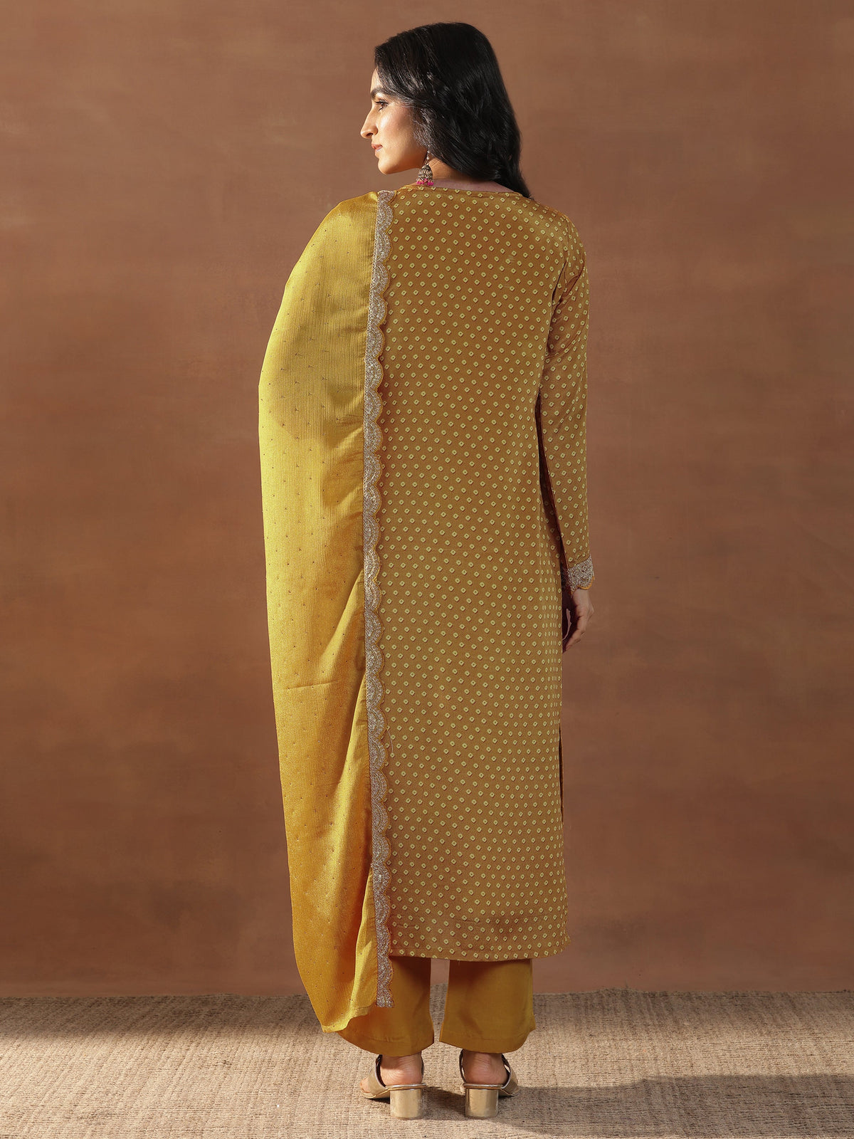 Anouk Mustard Printed Silk Blend Straight Suit Set With Dupatta