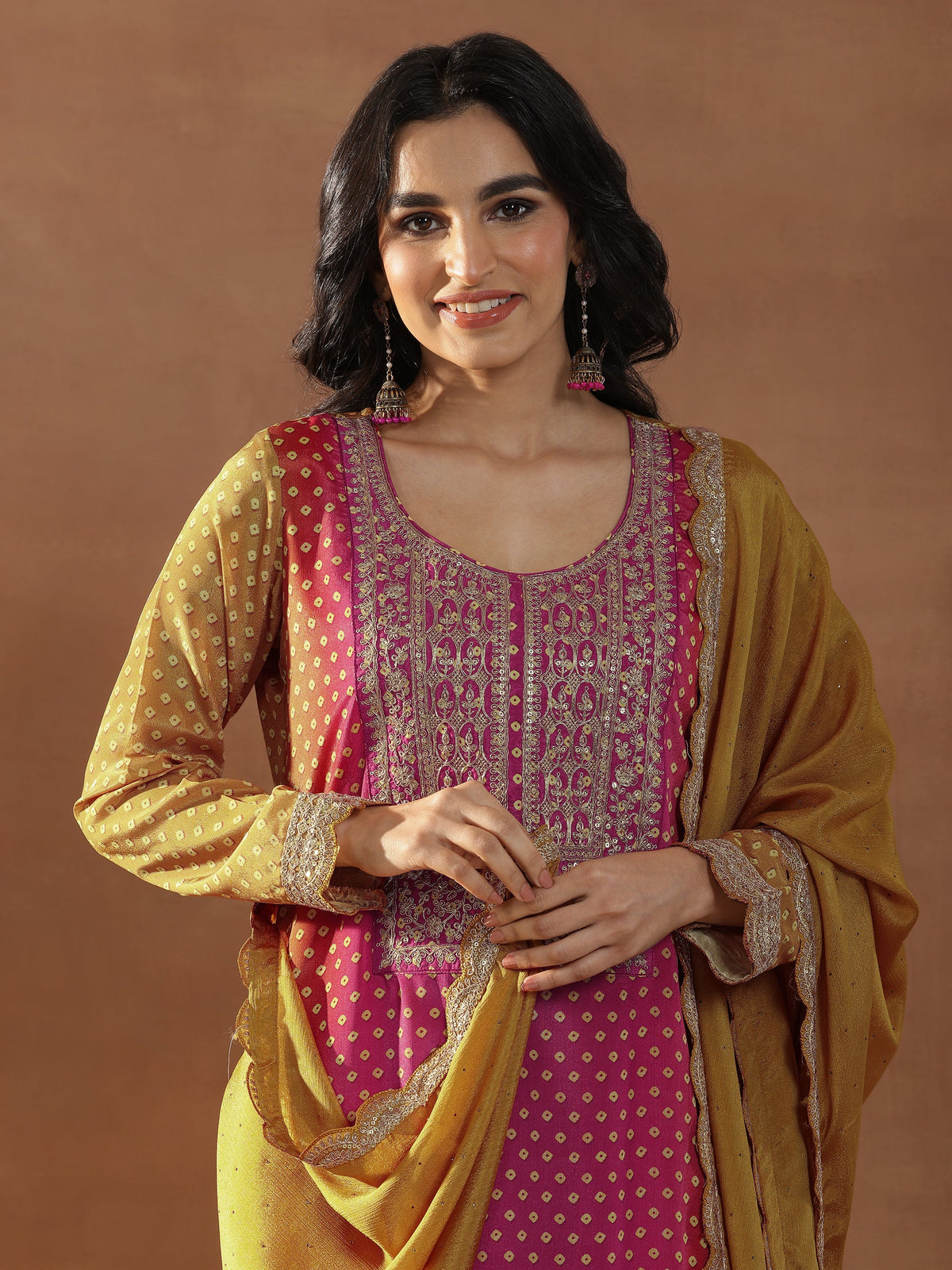 Anouk Mustard Printed Silk Blend Straight Suit Set With Dupatta