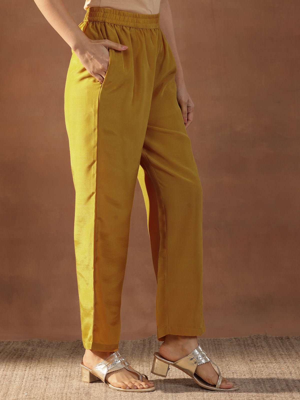Anouk Mustard Printed Silk Blend Straight Suit Set With Dupatta