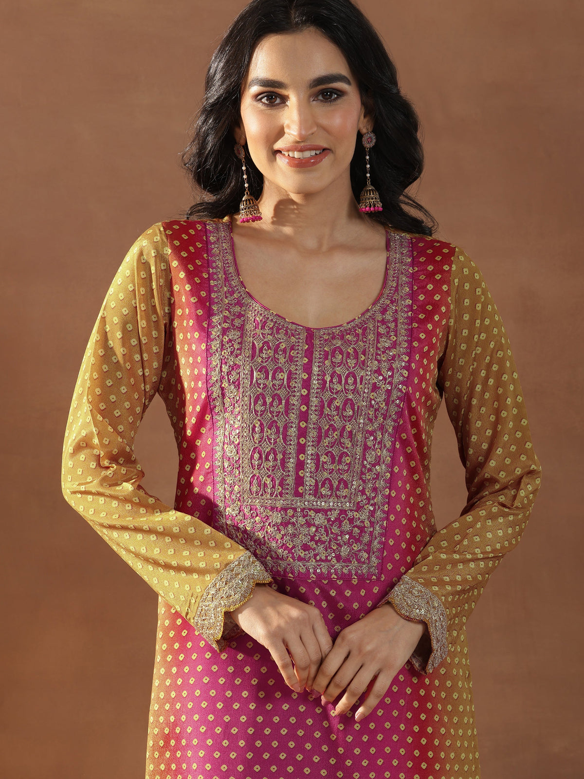 Anouk Mustard Printed Silk Blend Straight Suit Set With Dupatta