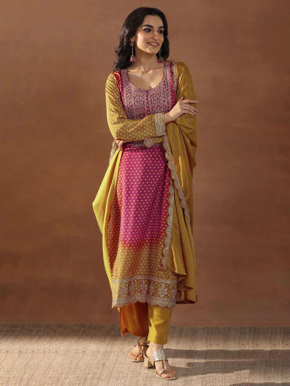 Anouk Mustard Printed Silk Blend Straight Suit Set With Dupatta