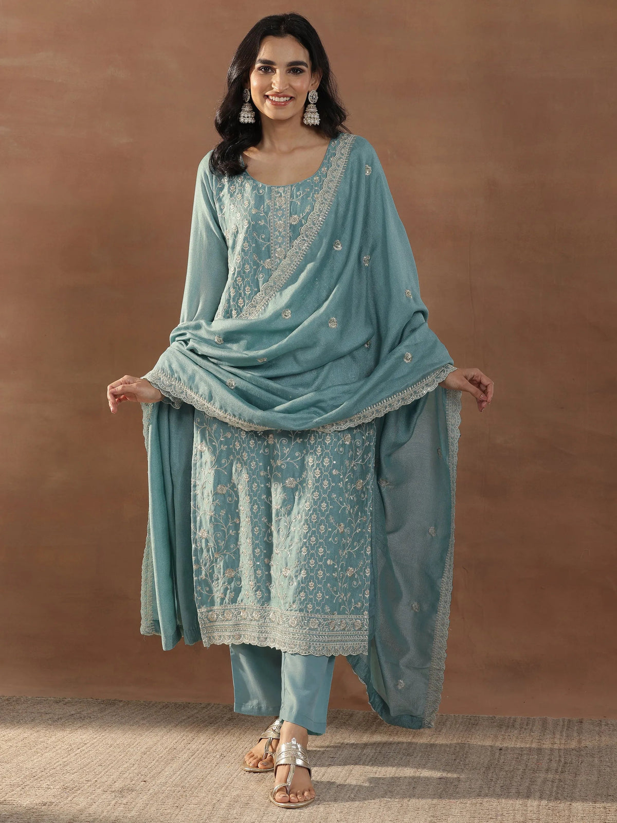 Anouk Blue Embroidered Silk Blend Straight Suits With Dupatta