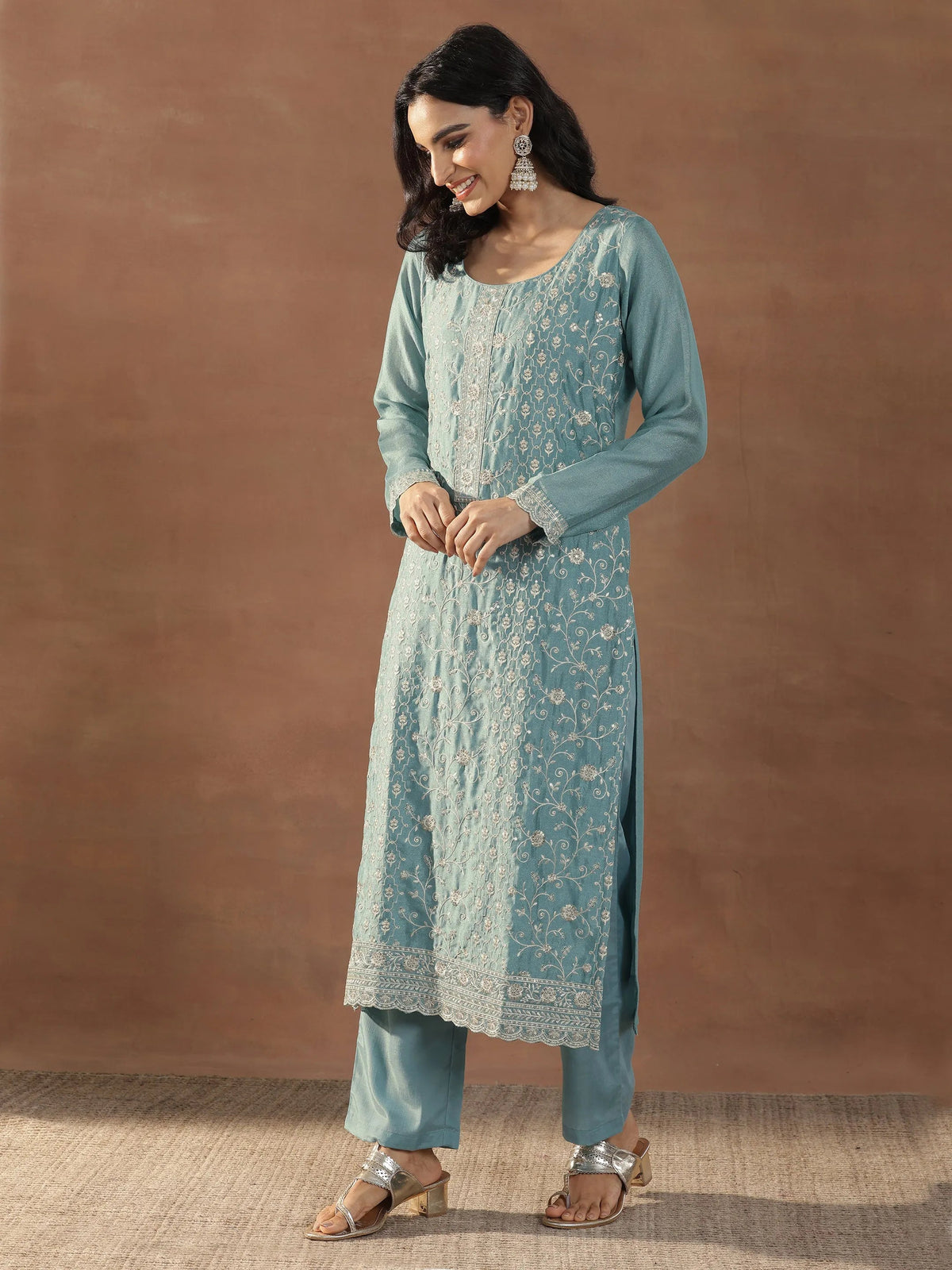 Anouk Blue Embroidered Silk Blend Straight Suits With Dupatta