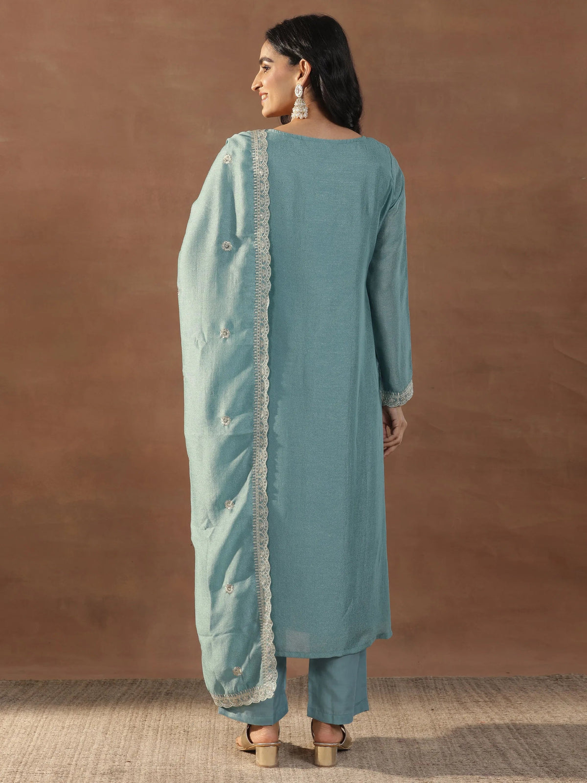 Anouk Blue Embroidered Silk Blend Straight Suits With Dupatta