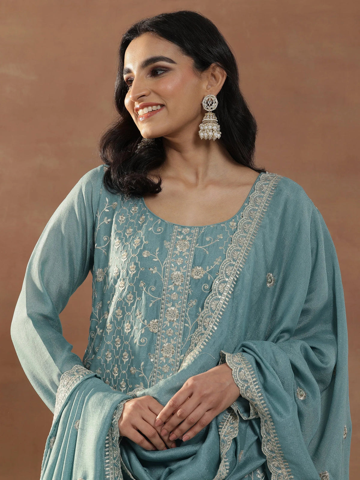 Anouk Blue Embroidered Silk Blend Straight Suits With Dupatta