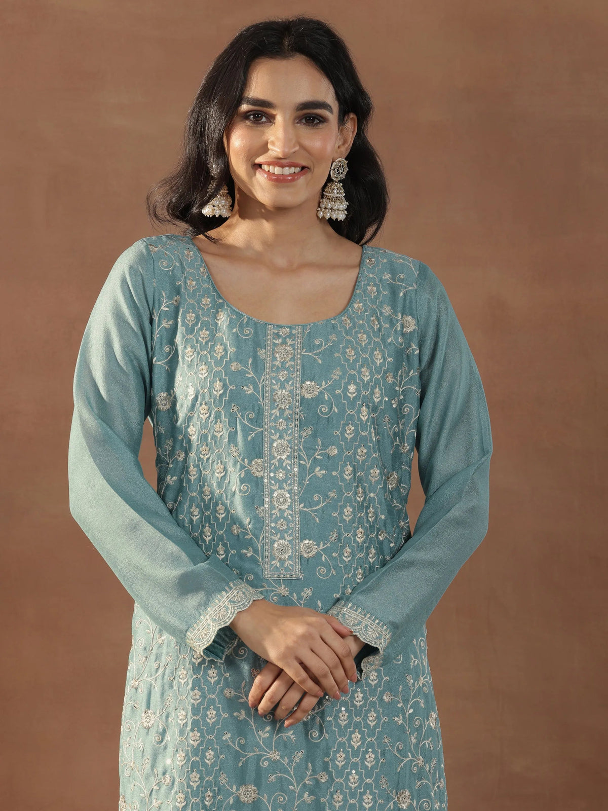 Anouk Blue Embroidered Silk Blend Straight Suits With Dupatta