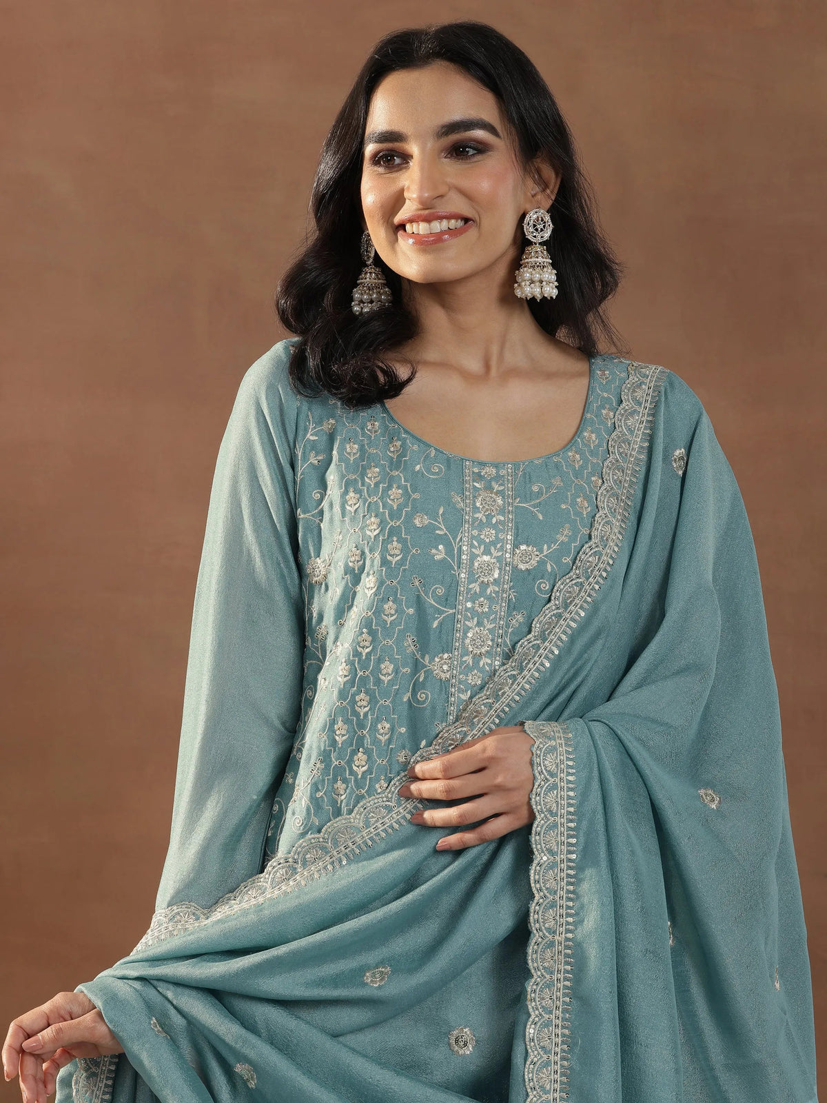 Anouk Blue Embroidered Silk Blend Straight Suits With Dupatta