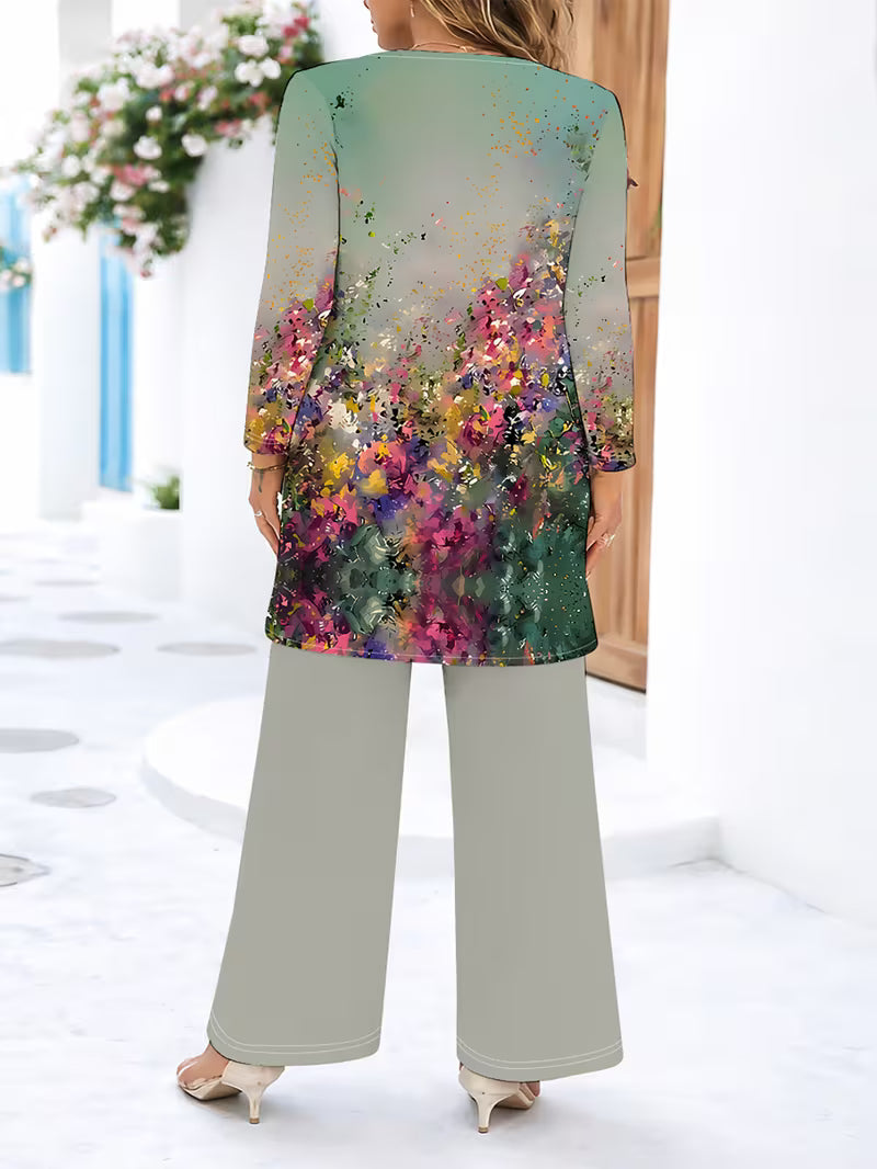 Women’s Long-Sleeve Floral Suit – Light Red Flowers on Gray, Casual & Vacation Wear