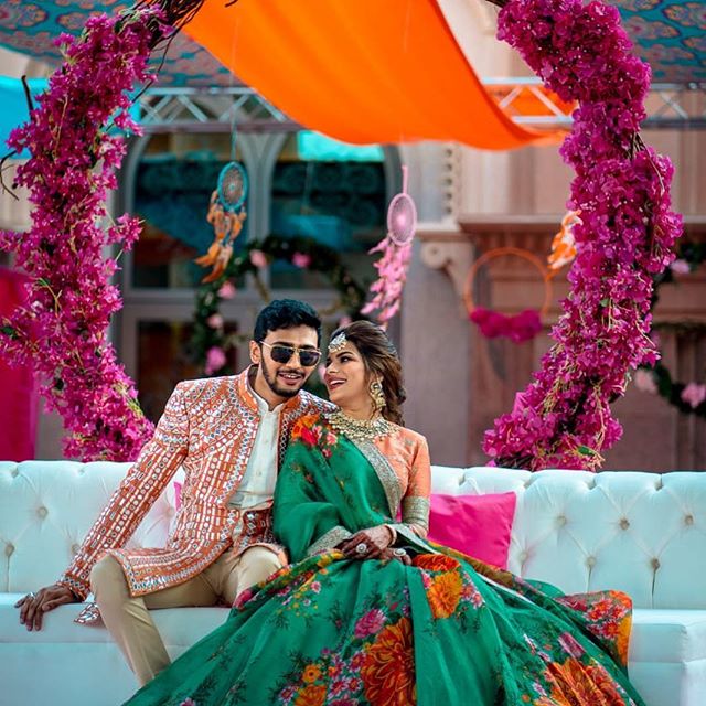 Graceful Green-Orange Sabyasachi Designer Digital Printed Lehenga Choli