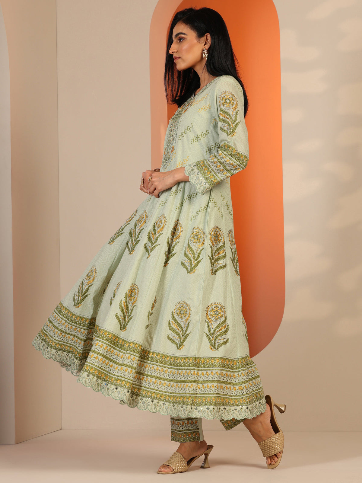Anouk Green Printed Cotton Anarkali Suit Set With Dupatta