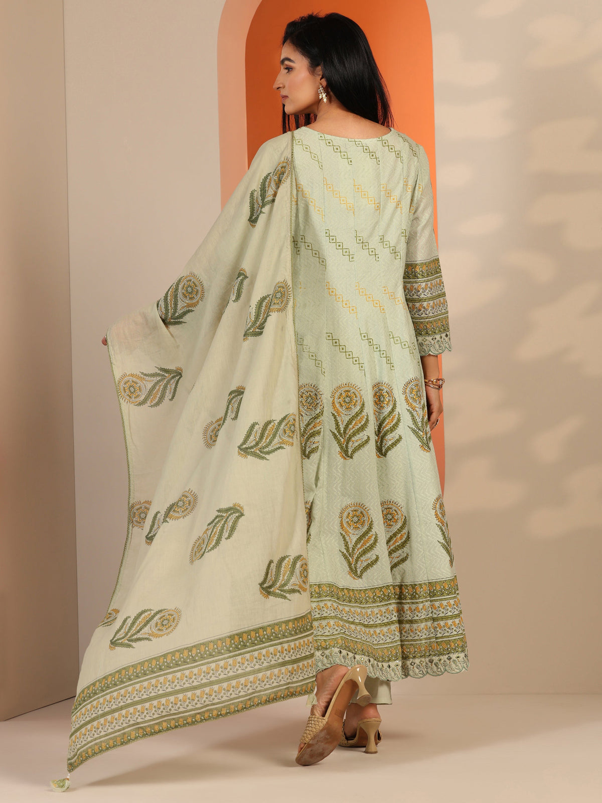 Anouk Green Printed Cotton Anarkali Suit Set With Dupatta