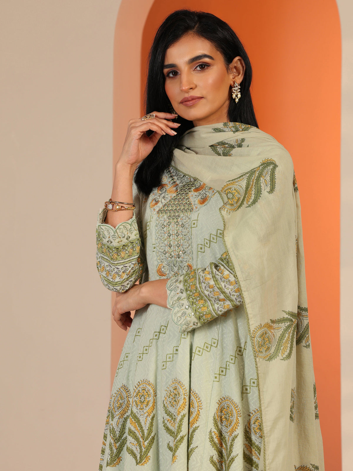 Anouk Green Printed Cotton Anarkali Suit Set With Dupatta