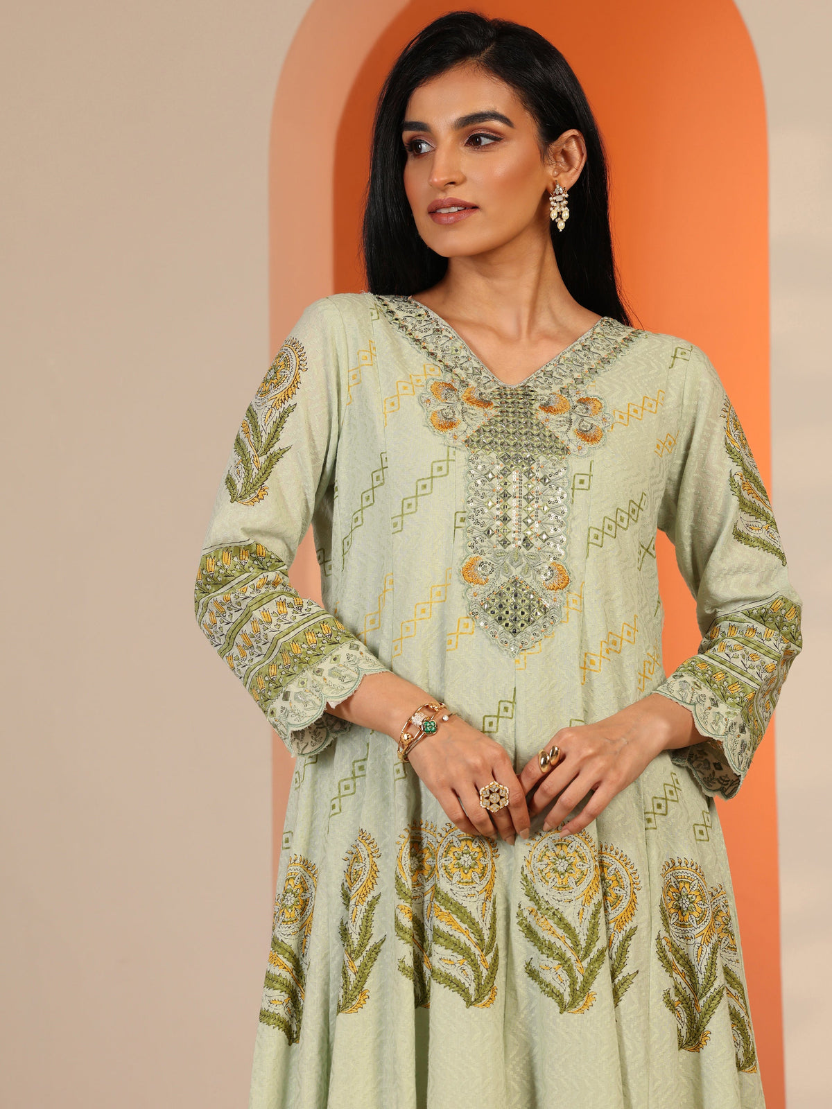 Anouk Green Printed Cotton Anarkali Suit Set With Dupatta