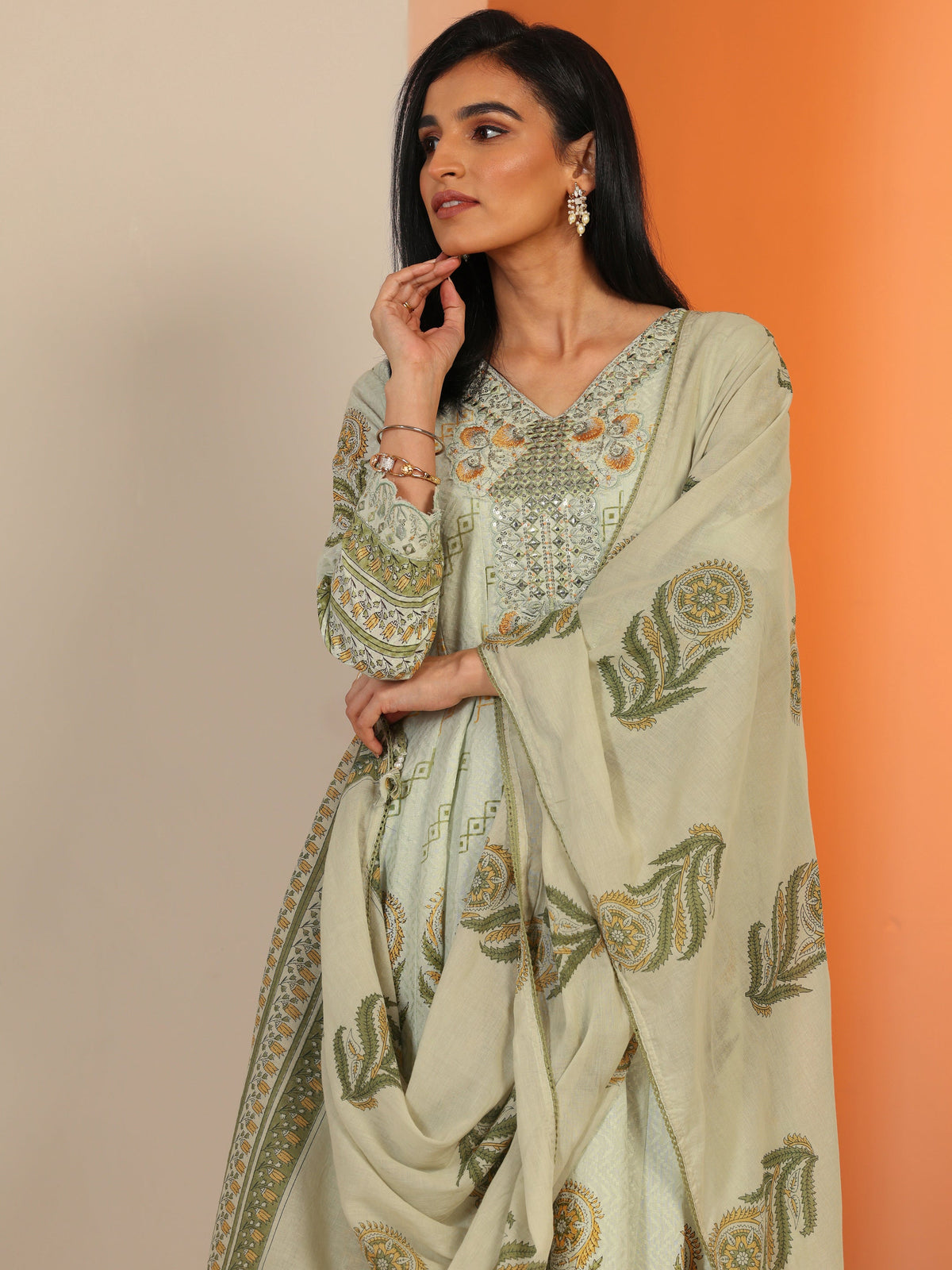 Anouk Green Printed Cotton Anarkali Suit Set With Dupatta