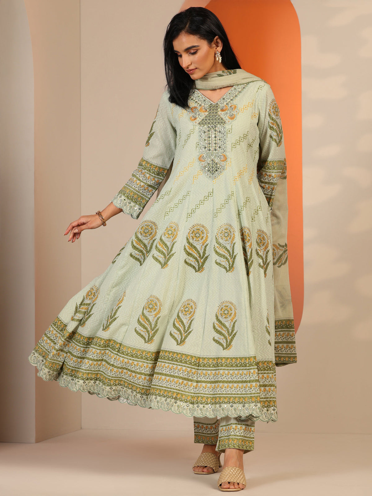 Anouk Green Printed Cotton Anarkali Suit Set With Dupatta