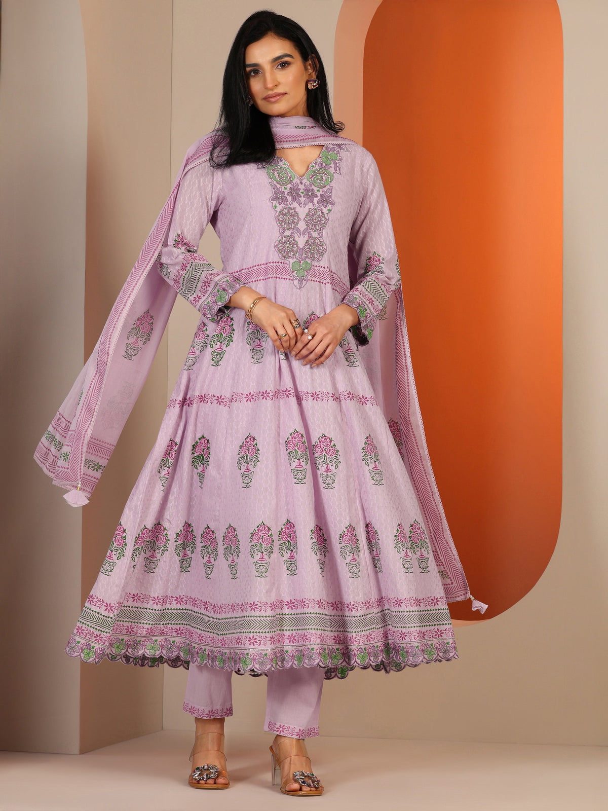 Anouk Lavender Printed Cotton Anarkali Suit Set With Dupatta