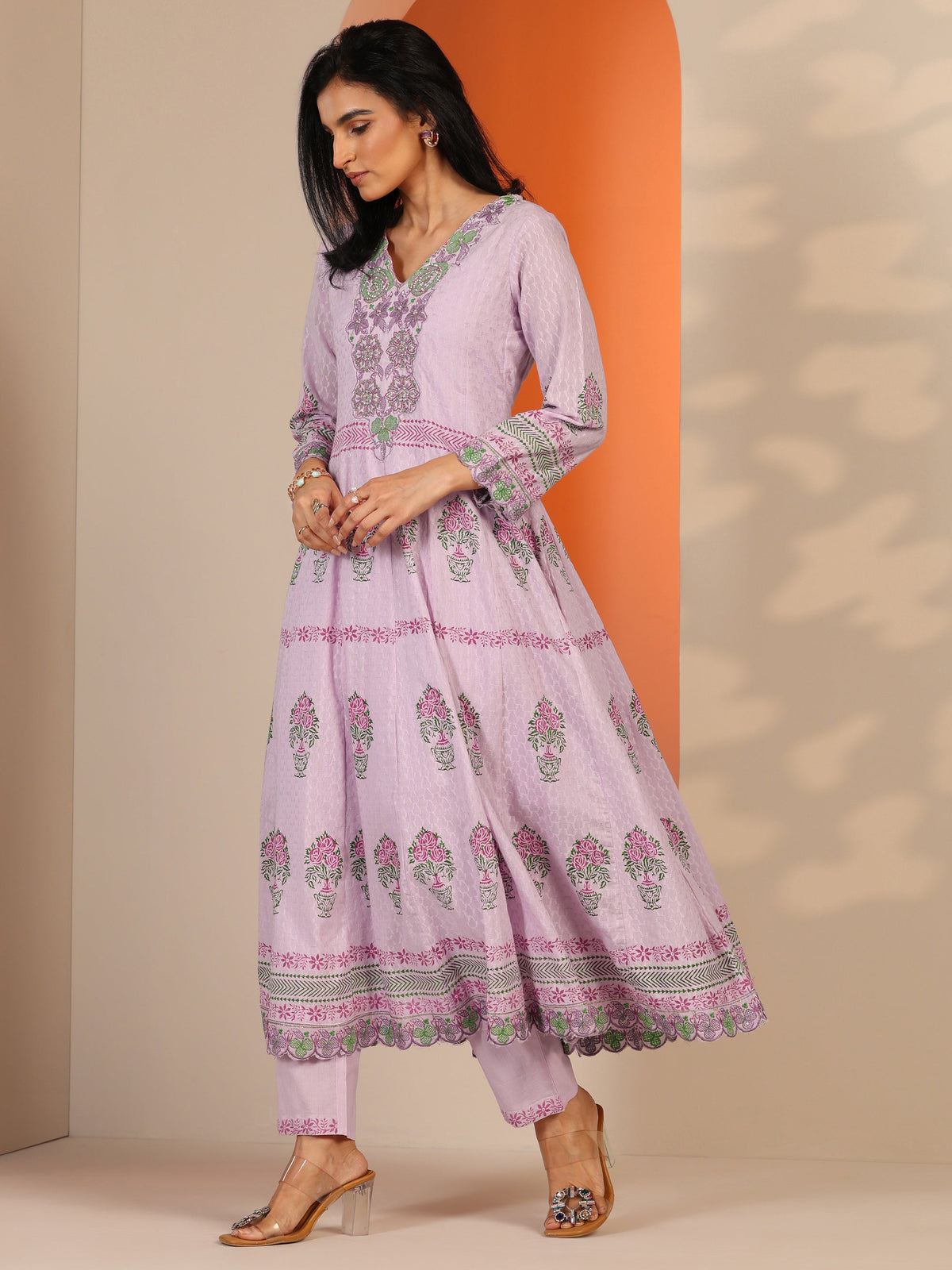 Anouk Lavender Printed Cotton Anarkali Suit Set With Dupatta