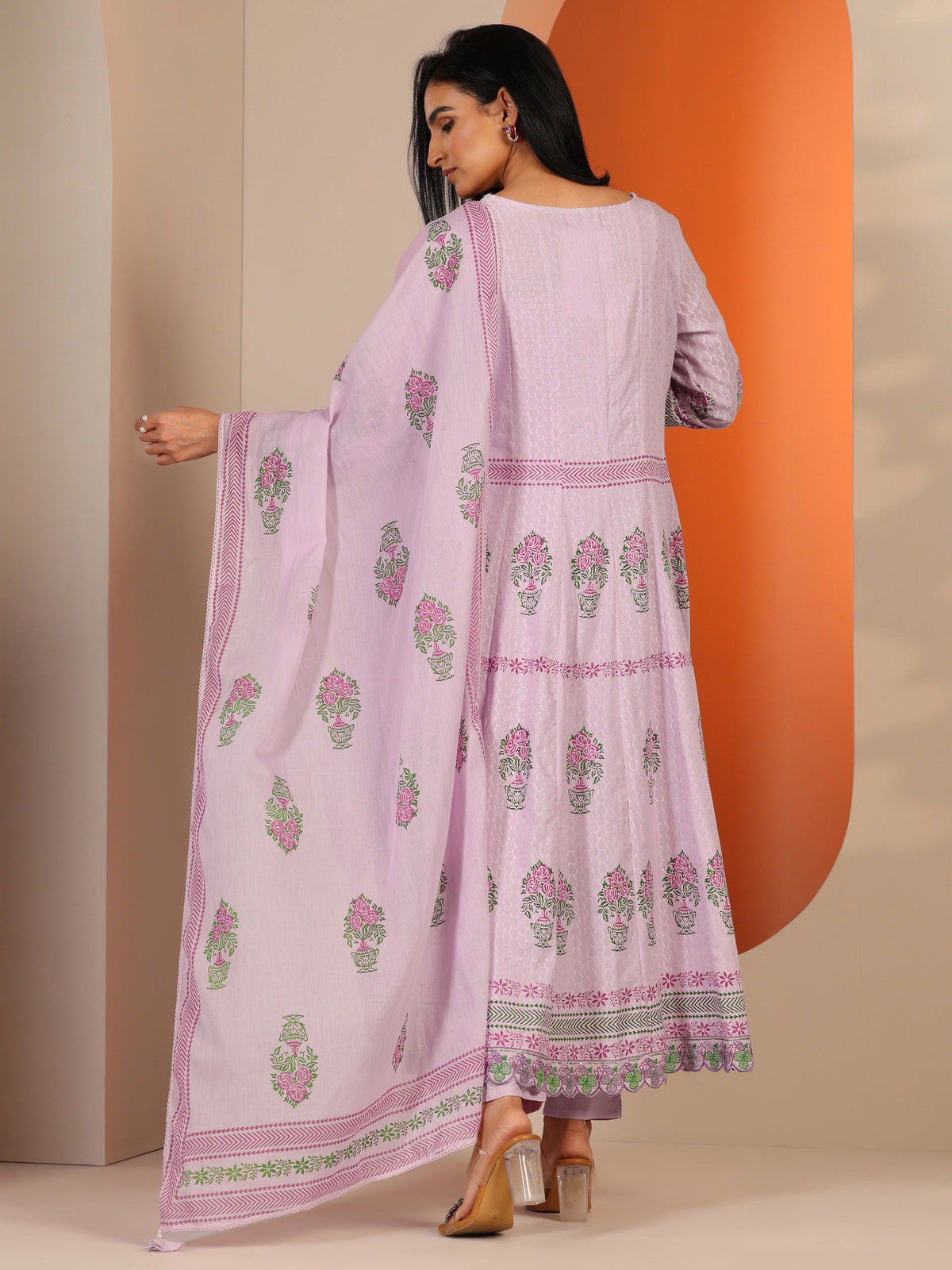 Anouk Lavender Printed Cotton Anarkali Suit Set With Dupatta