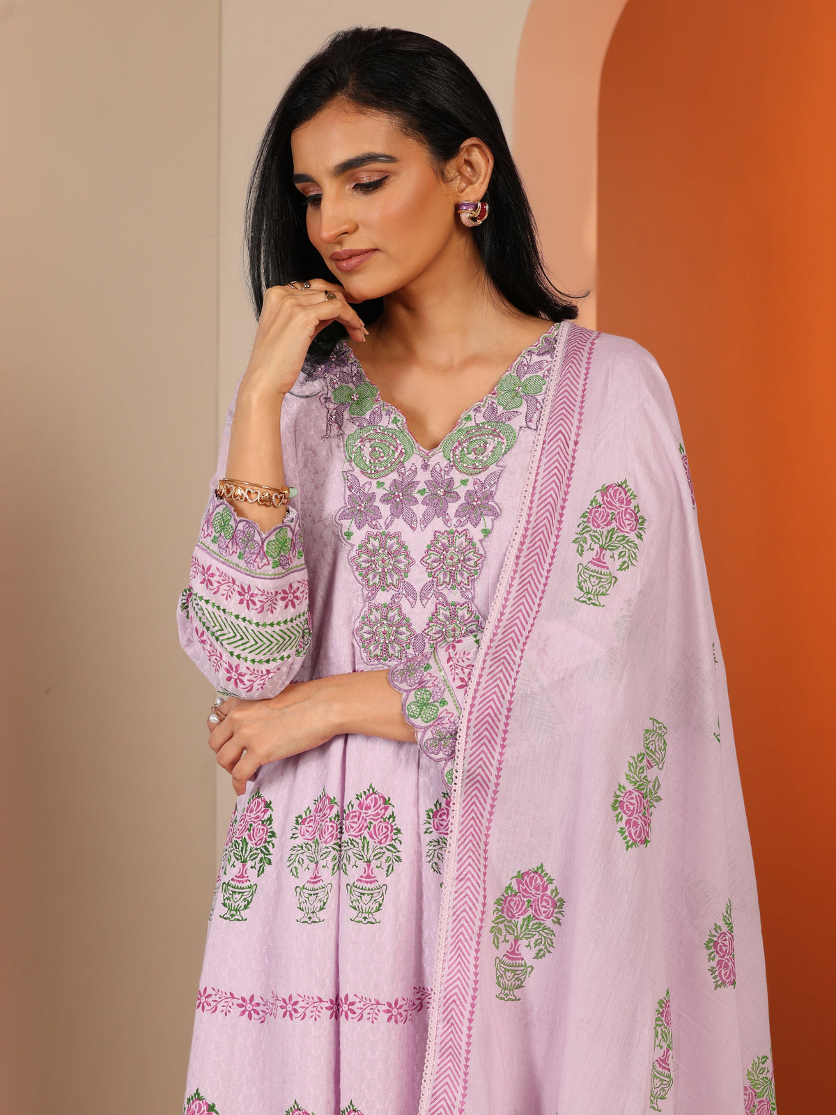 Anouk Lavender Printed Cotton Anarkali Suit Set With Dupatta