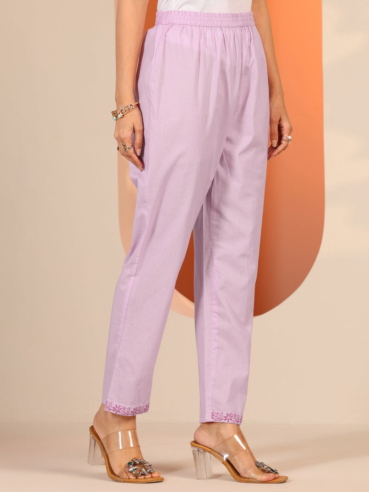 Anouk Lavender Printed Cotton Anarkali Suit Set With Dupatta