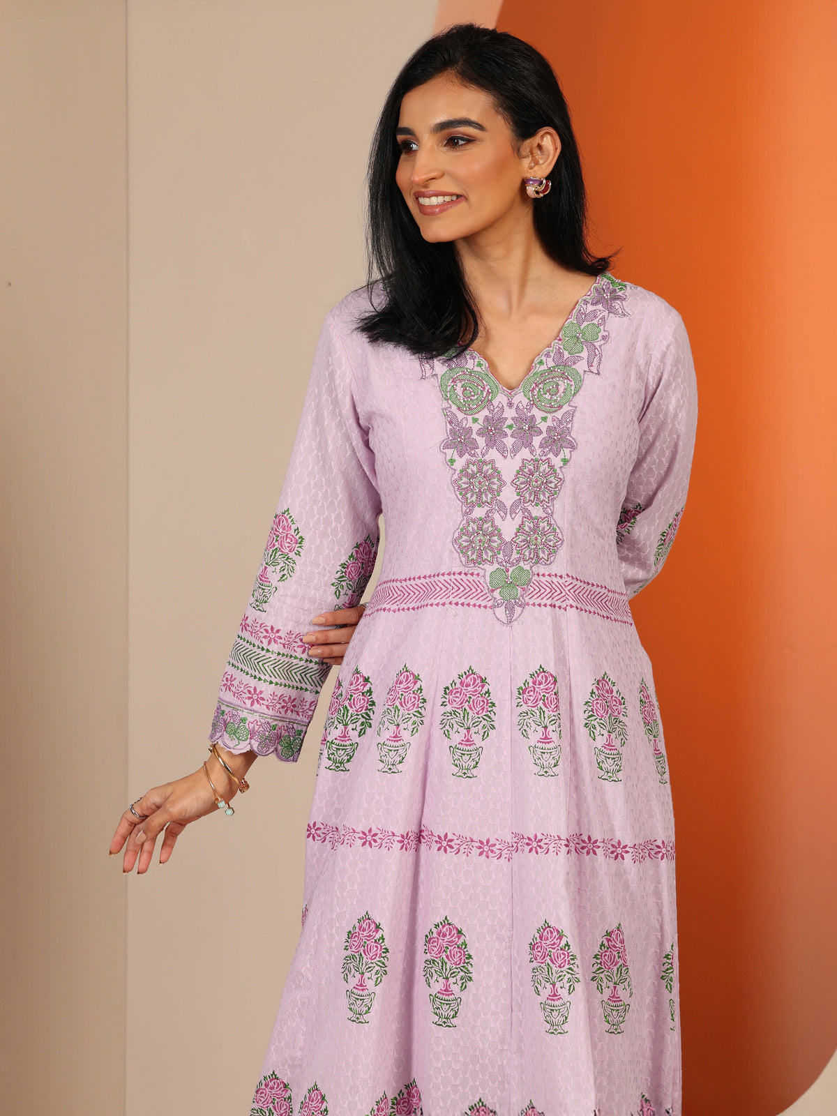 Anouk Lavender Printed Cotton Anarkali Suit Set With Dupatta
