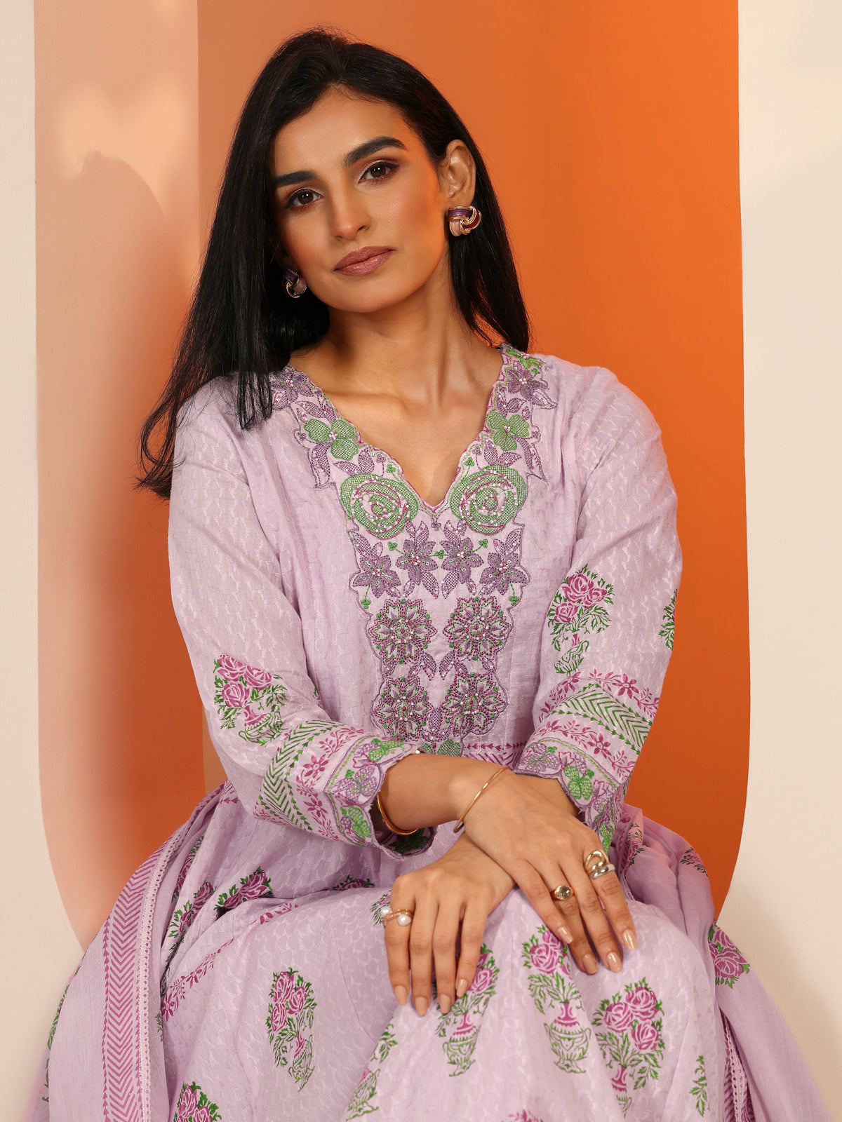 Anouk Lavender Printed Cotton Anarkali Suit Set With Dupatta