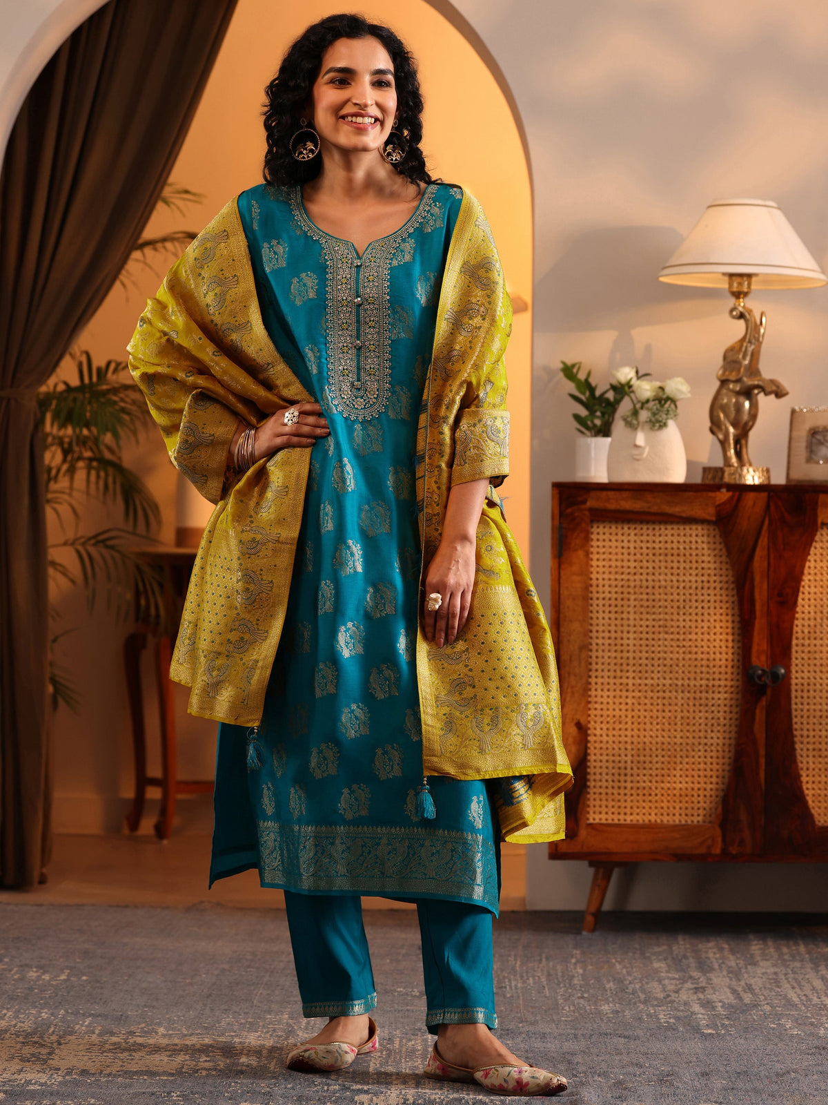 Anouk Blue Woven Design Silk Blend Straight Suit Set With Dupatta