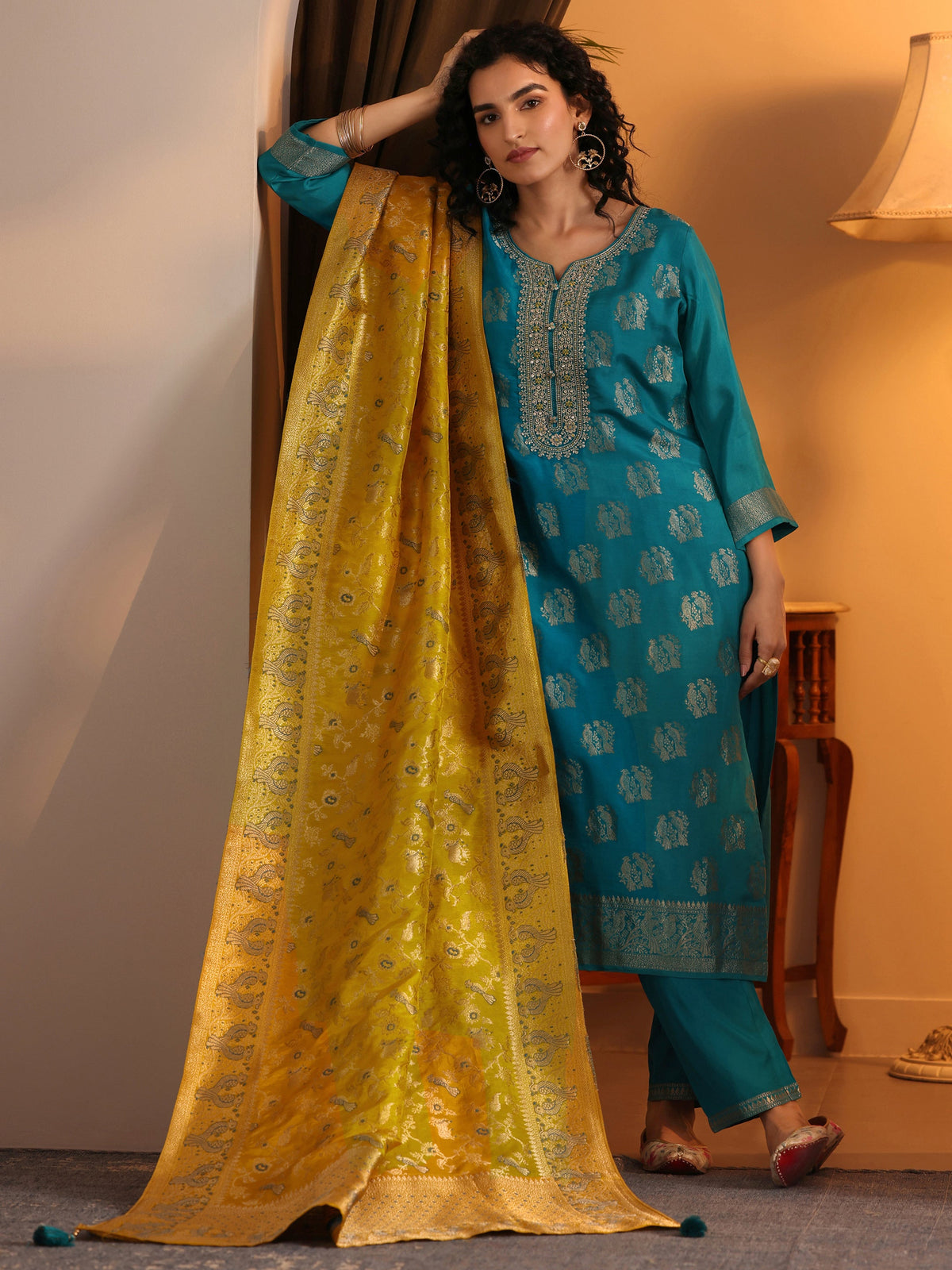 Anouk Blue Woven Design Silk Blend Straight Suit Set With Dupatta